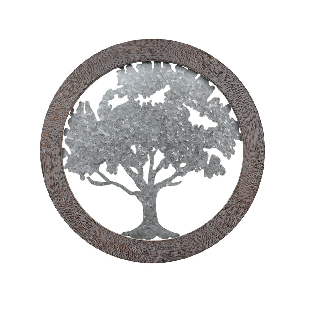 8854 Metal Tree of Life Wall Art with Wooden Ring 20 Inch Round – Rustic